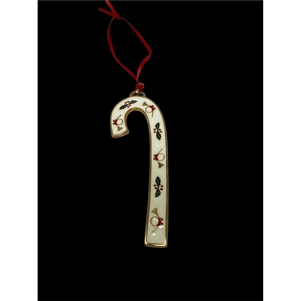 Wallace Silversmiths '97  Candy Cane Christmas Ornament "Horn & Holly" Enamel